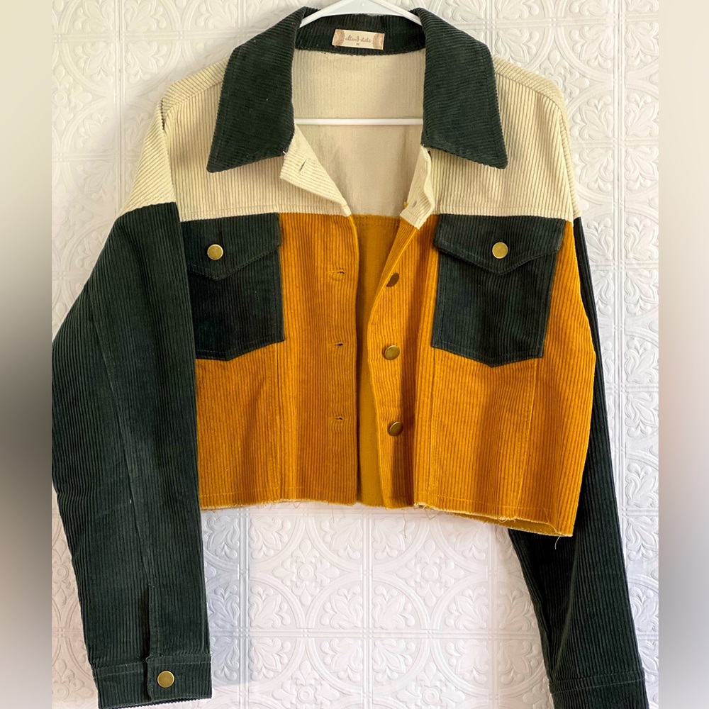 Altar'd State Colorblock Corduroy Jacket in Mustard, Forest Green & Cream